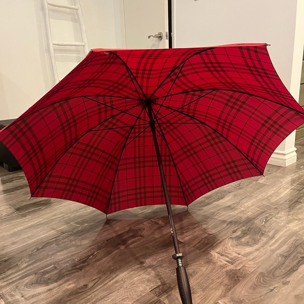 Burberry Fragrance Red Plaid & Wood Handle Umbrella